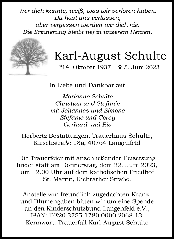 Traueranzeigen von KarlAugust Schulte TrauerinNRW.de