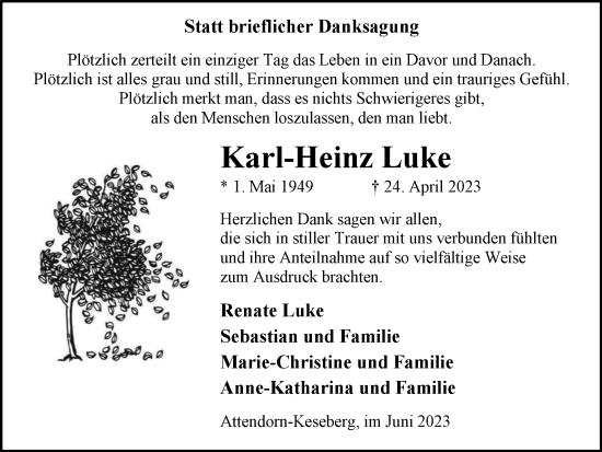 Traueranzeige von Karl-Heinz Luke von Tageszeitung