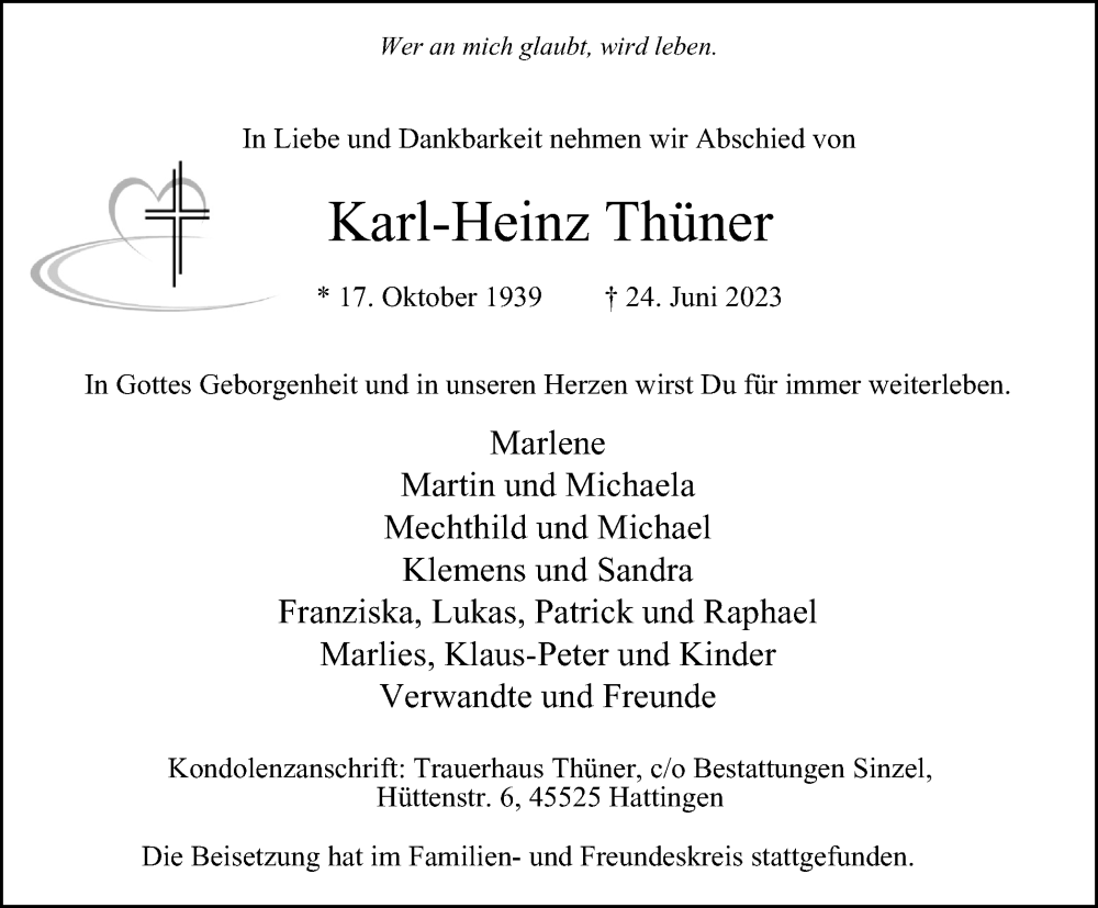  Traueranzeige für Karl-Heinz Thüner vom 01.07.2023 aus Tageszeitung