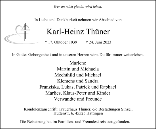 Traueranzeige von Karl-Heinz Thüner von Tageszeitung