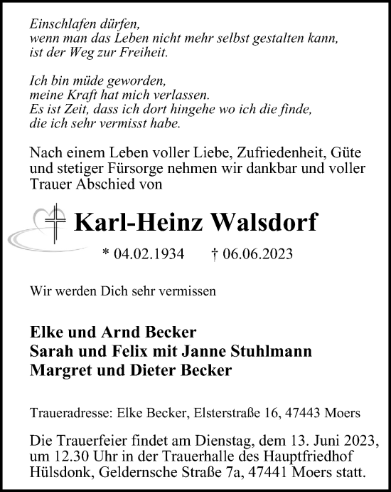 Traueranzeige von Karl-Heinz Walsdorf von Tageszeitung