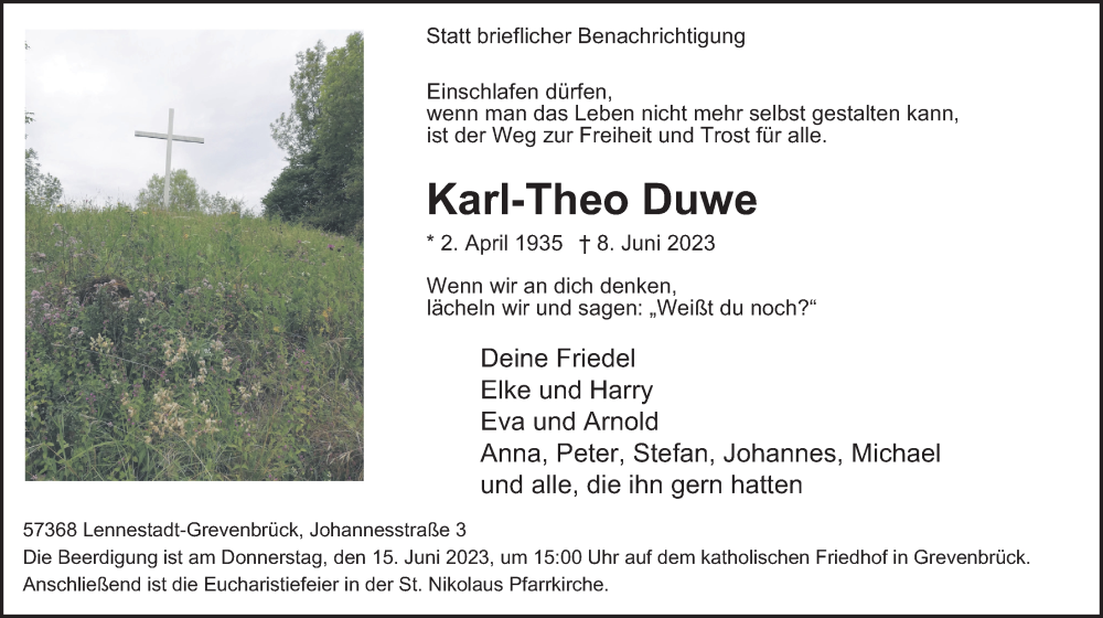 Traueranzeige für Karl-Theo Duwe vom 12.06.2023 aus Tageszeitung