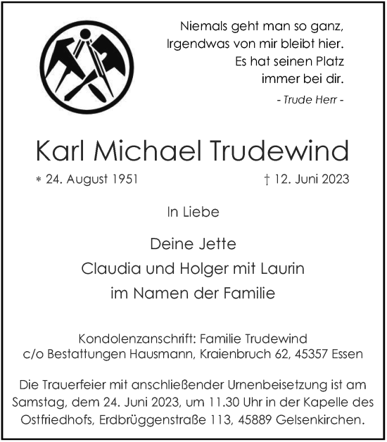 Traueranzeige von Karl Michael Trudewind von Tageszeitung