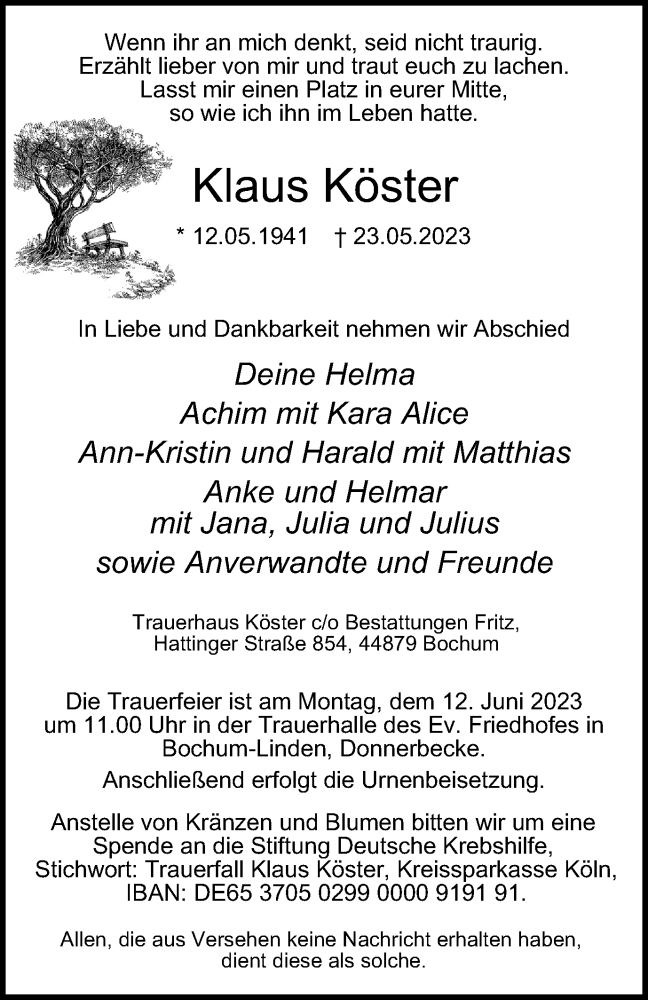  Traueranzeige für Klaus Köster vom 03.06.2023 aus Tageszeitung