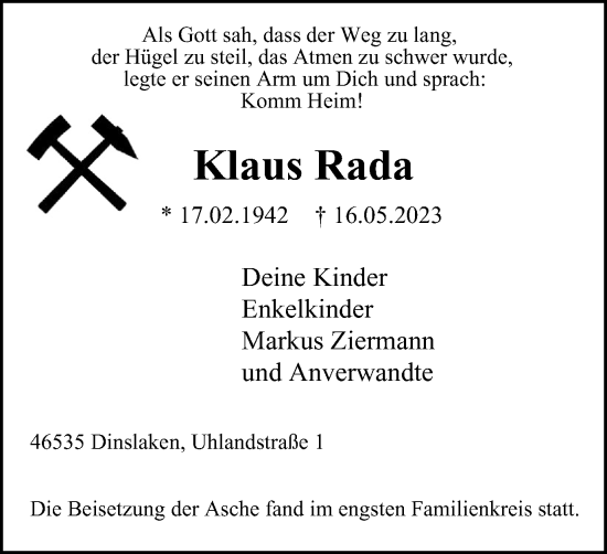 Traueranzeige von Klaus Rada von Tageszeitung