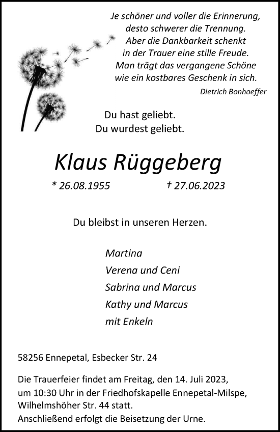 Traueranzeige von Klaus Rüggeberg von Tageszeitung