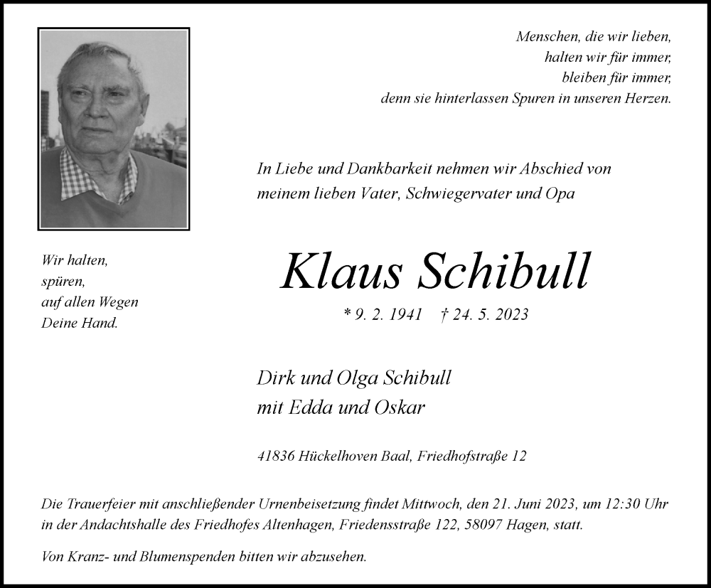  Traueranzeige für Klaus Schibull vom 10.06.2023 aus Tageszeitung