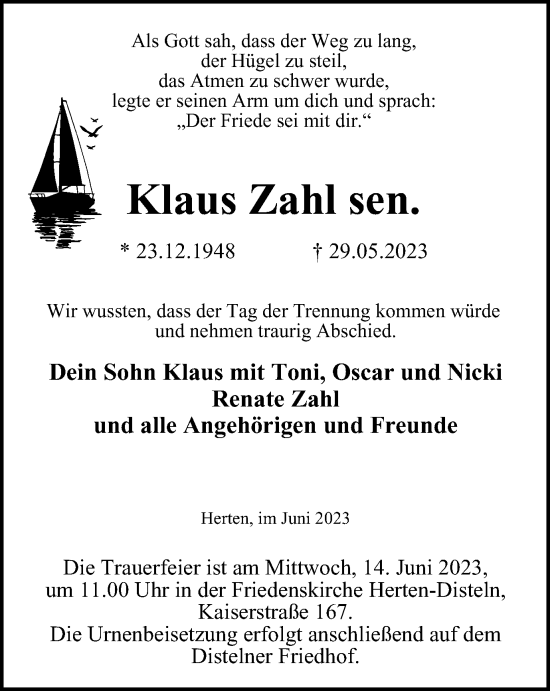 Traueranzeige von Klaus Zahl von Tageszeitung