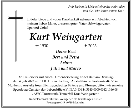 Traueranzeige von Kurt Weingarten von Tageszeitung