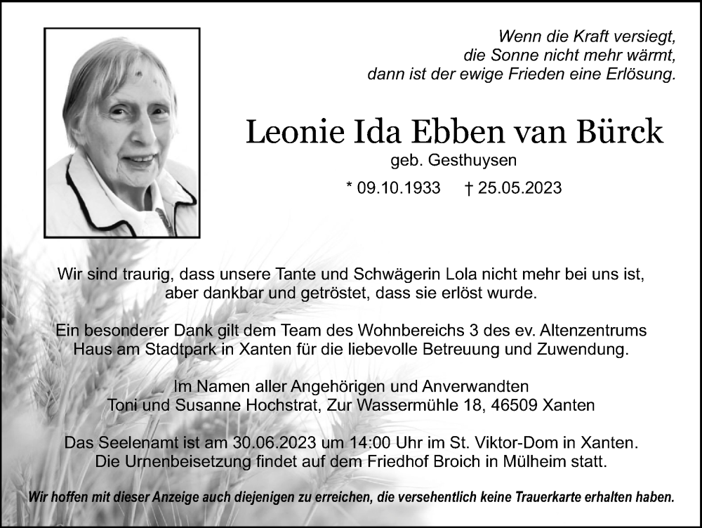  Traueranzeige für Leonie Ida Ebben van Bürck vom 10.06.2023 aus Tageszeitung