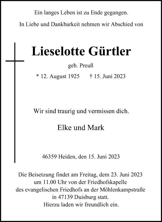 Traueranzeige von Lieselotte Gürtler von Tageszeitung