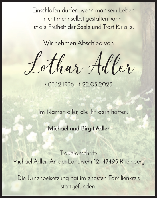 Traueranzeige von Lothar Adler von Tageszeitung