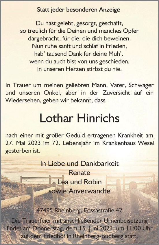 Traueranzeige von Lothar Hinrichs von Tageszeitung