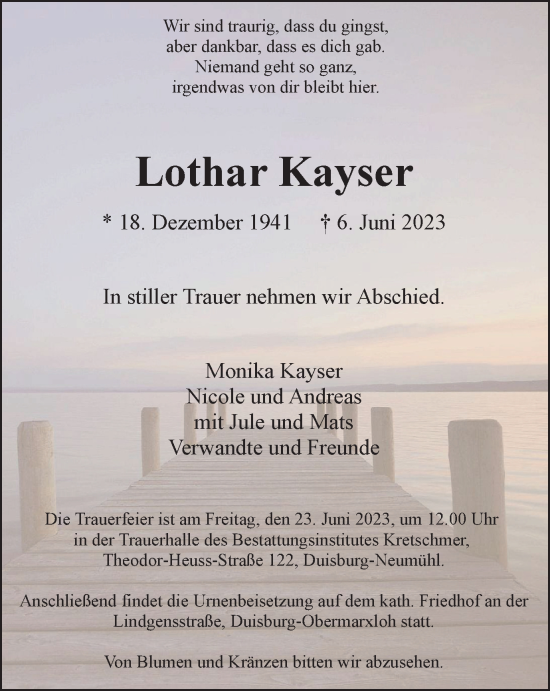 Traueranzeige von Lothar Kayser von Tageszeitung