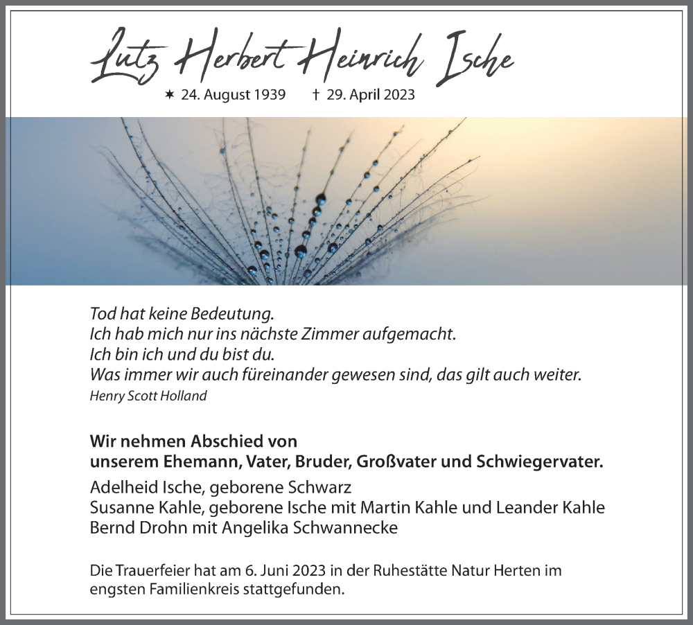  Traueranzeige für Lutz Herbert Heinrich Ische vom 10.06.2023 aus Tageszeitung