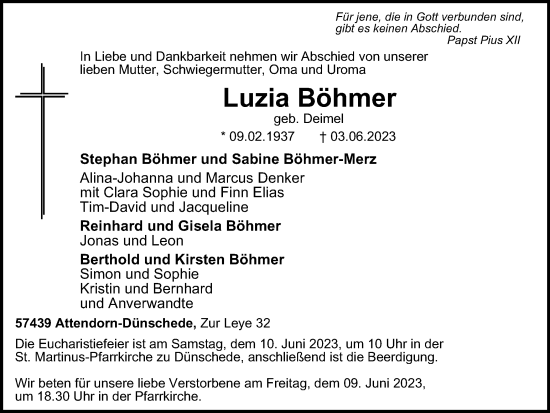 Traueranzeige von Luzia Böhmer von Tageszeitung
