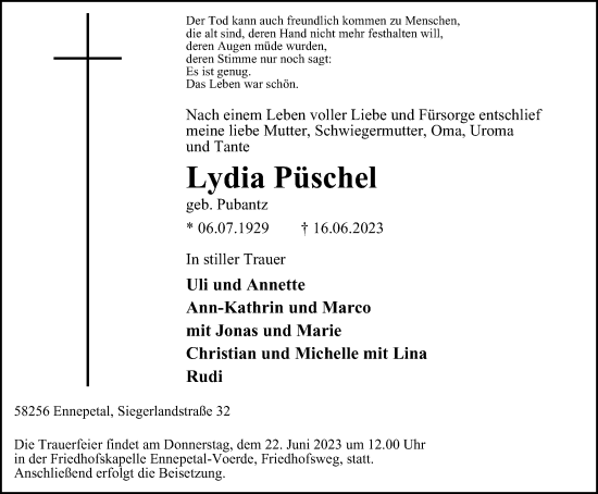 Traueranzeige von Lydia Püschel von Tageszeitung