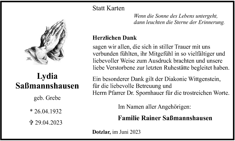  Traueranzeige für Lydia Saßmannshausen vom 17.06.2023 aus Tageszeitung