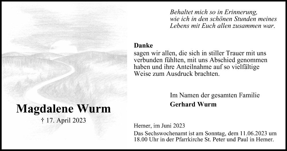  Traueranzeige für Magdalene Wurm vom 03.06.2023 aus Tageszeitung