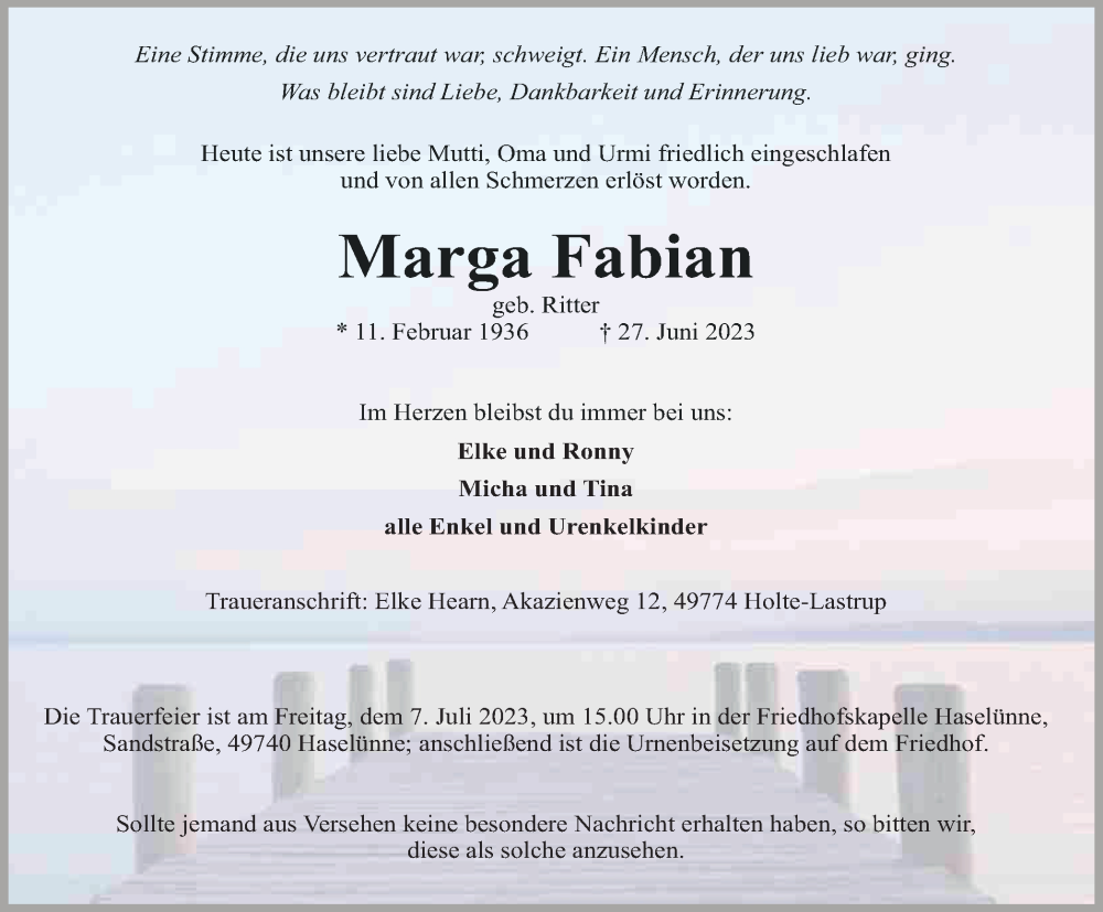  Traueranzeige für Marga Fabian vom 01.07.2023 aus Tageszeitung