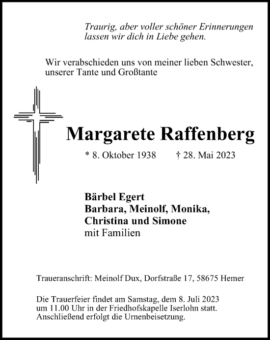 Traueranzeige von Margarete Raffenberg von Tageszeitung
