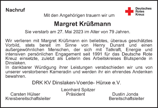 Traueranzeige von Margret Krüßmann von Tageszeitung