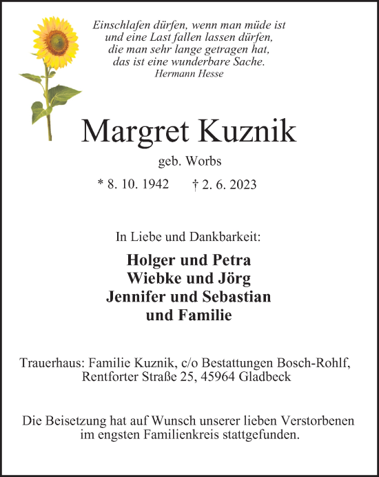 Traueranzeige von Margret Kuznik von Tageszeitung