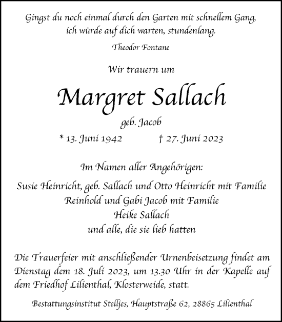 Traueranzeige von Margret Sallach von Tageszeitung