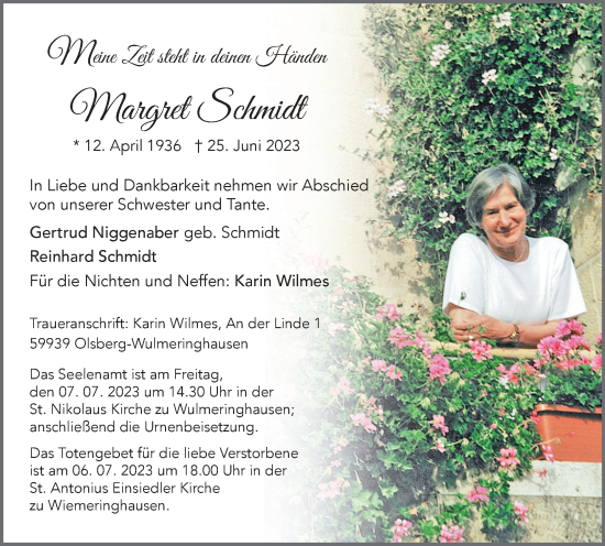 Traueranzeige von Margret Schmidt von Tageszeitung