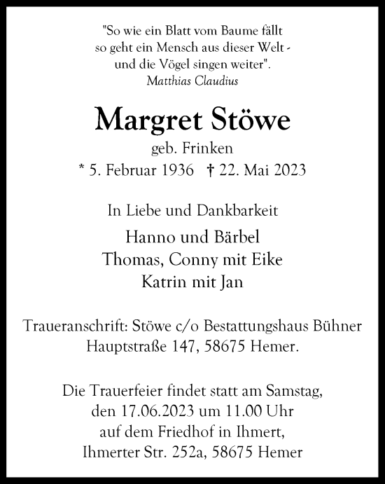 Traueranzeige von Margret Stöwe von Tageszeitung