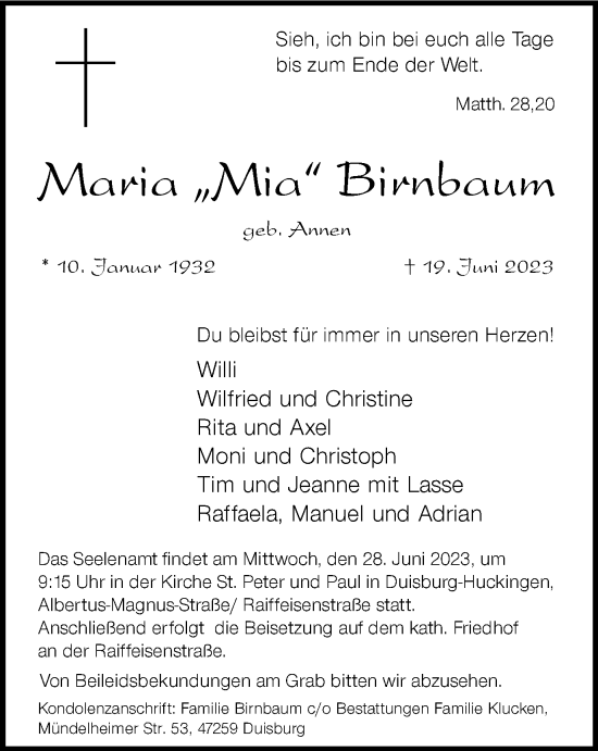 Traueranzeige von Maria Birnbaum von Tageszeitung
