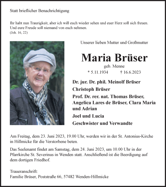 Traueranzeige von Maria Brüser von Tageszeitung
