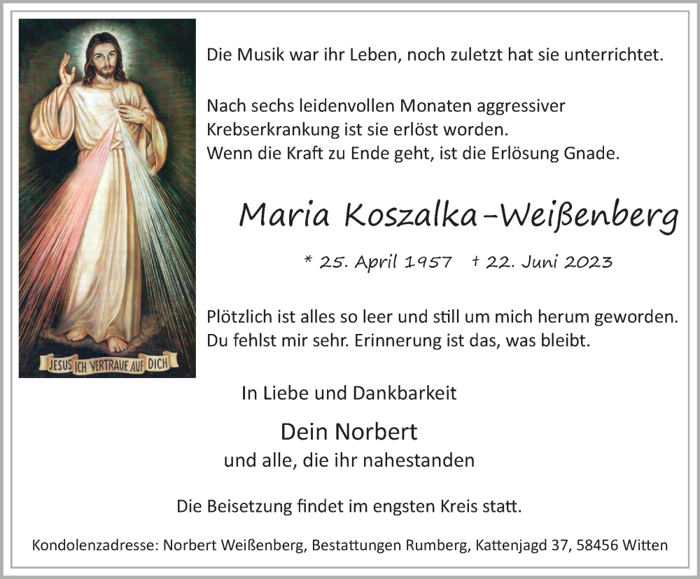  Traueranzeige für Maria Koszalka-Weißenberg vom 28.06.2023 aus Tageszeitung