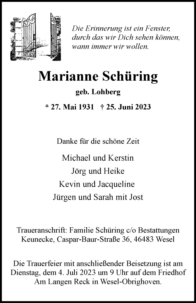  Traueranzeige für Marianne Schüring vom 01.07.2023 aus Tageszeitung