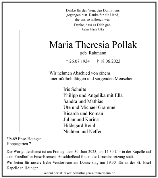 Traueranzeige von Maria Theresia Pollak von Tageszeitung
