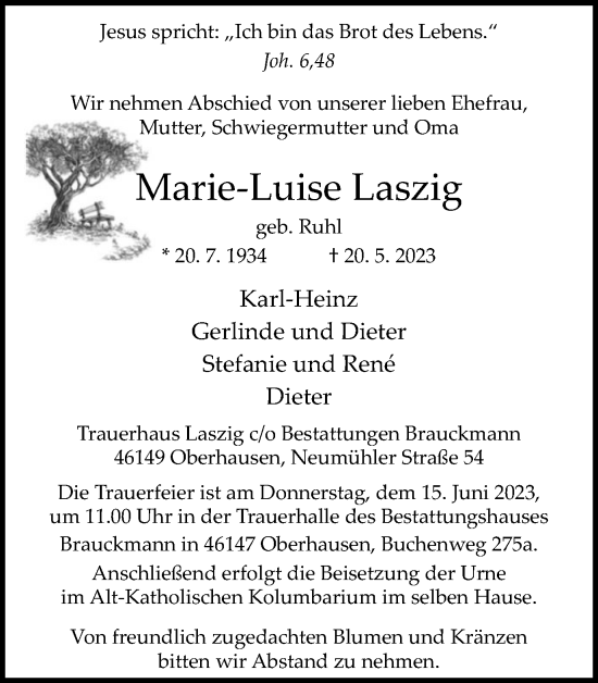 Traueranzeige von Marie-Luise Laszig von Tageszeitung