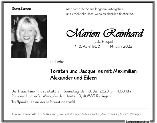 Traueranzeige von Marion Reinhard von Tageszeitung