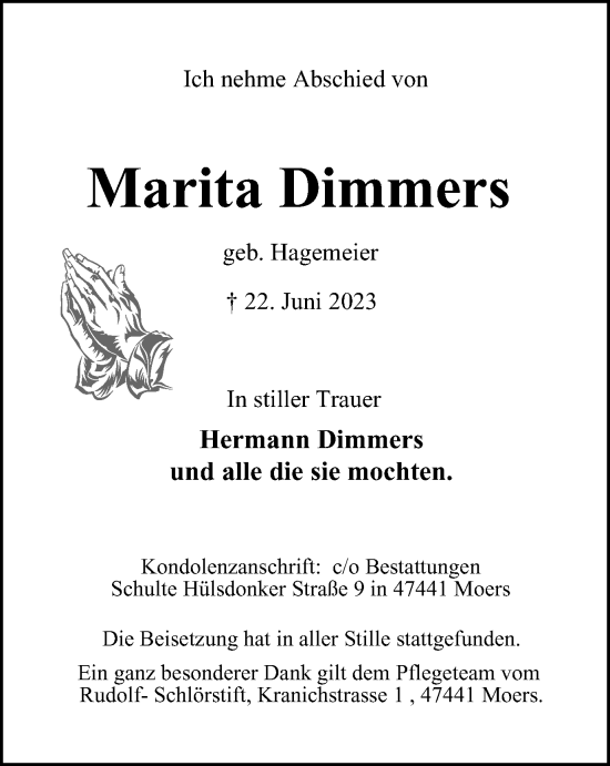 Traueranzeige von Marita Dimmers von Tageszeitung