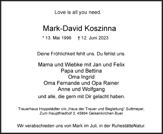 Traueranzeige von Mark-David Koszinna von Tageszeitung