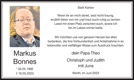 Traueranzeige von Markus Bonnes von Tageszeitung