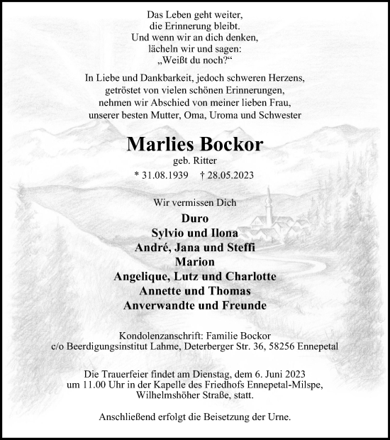 Traueranzeige von Marlies Bockor von Tageszeitung
