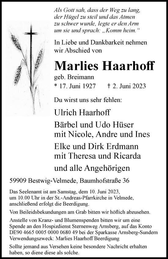 Traueranzeige von Marlies Haarhoff von Tageszeitung