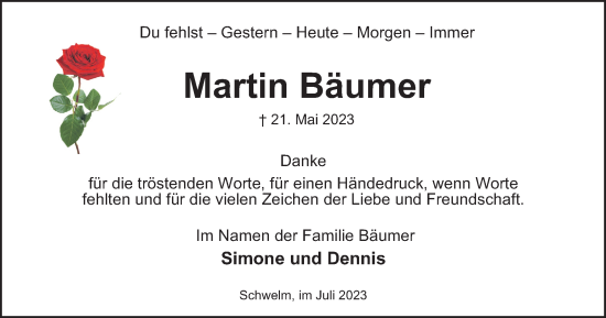 Traueranzeige von Martin Bäumer von Tageszeitung