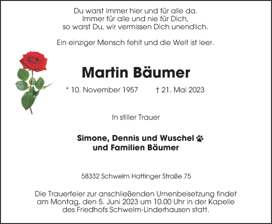 Traueranzeige von Martin Bäumer von Tageszeitung