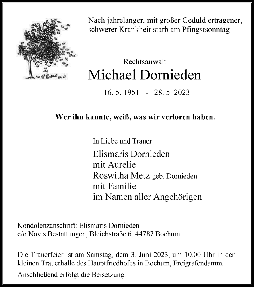  Traueranzeige für Michael Dornieden vom 02.06.2023 aus Tageszeitung