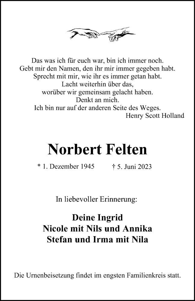  Traueranzeige für Norbert Felten vom 24.06.2023 aus Tageszeitung