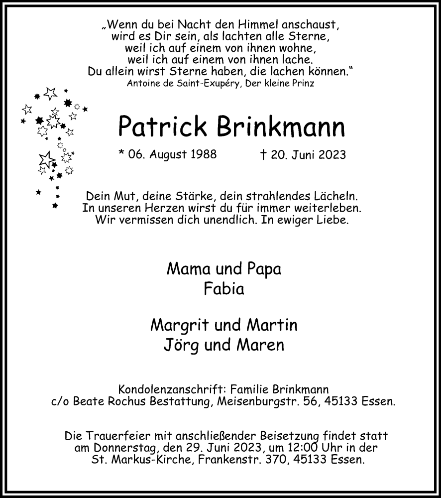  Traueranzeige für Patrick Brinkmann vom 24.06.2023 aus Tageszeitung