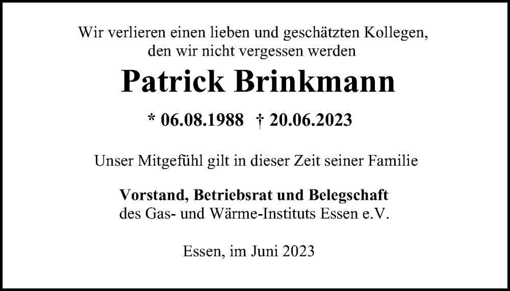  Traueranzeige für Patrick Brinkmann vom 29.06.2023 aus Tageszeitung