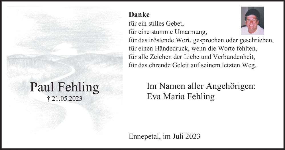  Traueranzeige für Paul Fehling vom 01.07.2023 aus Tageszeitung