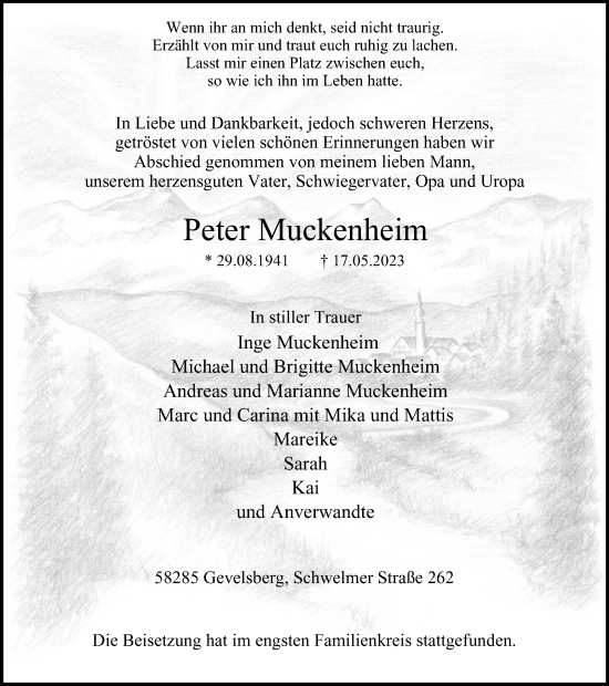 Traueranzeige von Peter Muckenheim von Tageszeitung